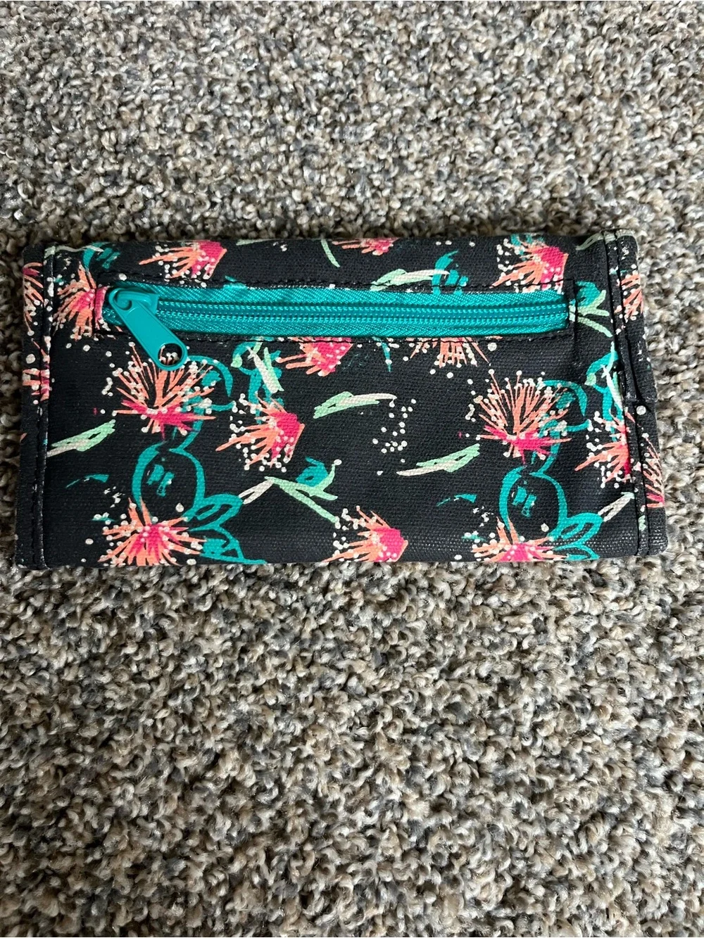 Kavu Black Trifold Wallet with Coral & Teal Floral Print